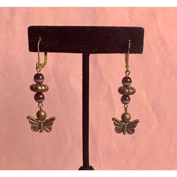 Butterfly Beaded Drop Earrings, Unmarked, in Gold, Vintage - Picture 1 of 2